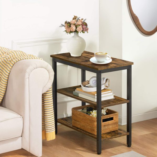 3-Tier Bedside Table, Industrial-Style Rustic Side Table with Open Storage Shelves, Narrow Nightstand for Compact Spaces, Easy Assembly, Suitable for Living Room & Entryway, Rustic Brown & Black Finish