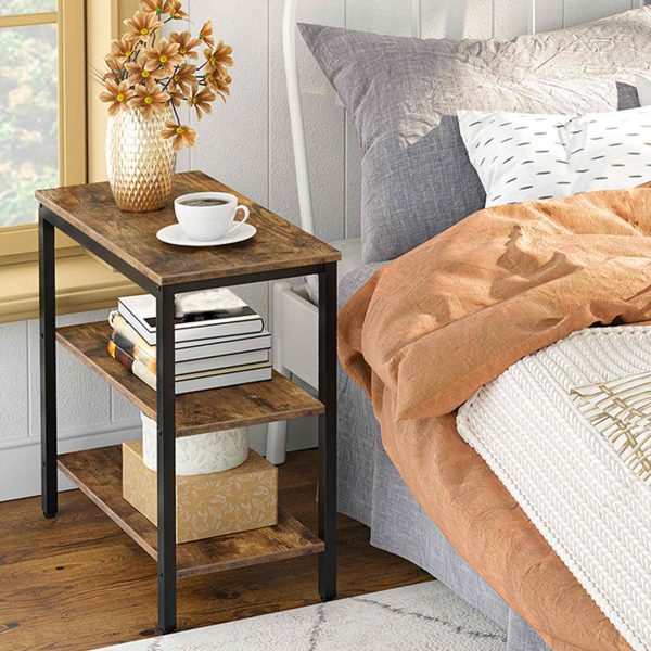 3-Tier Bedside Table, Industrial-Style Rustic Side Table with Open Storage Shelves, Narrow Nightstand for Compact Spaces, Easy Assembly, Suitable for Living Room & Entryway, Rustic Brown & Black Finish