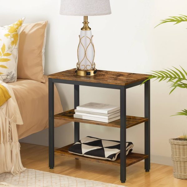 3-Tier Bedside Table, Industrial-Style Rustic Side Table with Open Storage Shelves, Narrow Nightstand for Compact Spaces, Easy Assembly, Suitable for Living Room & Entryway, Rustic Brown & Black Finish