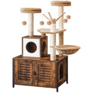 All-in-One Wooden Cat Tree with Litter Box Enclosure, Rustic Brown Multi-Functional Cat Tower Condo with Scratching Posts, Hammock and Observation Decks, Suitable for Indoor Cats