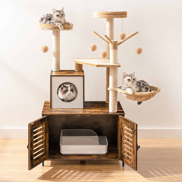 All-in-One Wooden Cat Tree with Litter Box Enclosure, Rustic Brown Multi-Functional Cat Tower Condo with Scratching Posts, Hammock and Observation Decks, Suitable for Indoor Cats