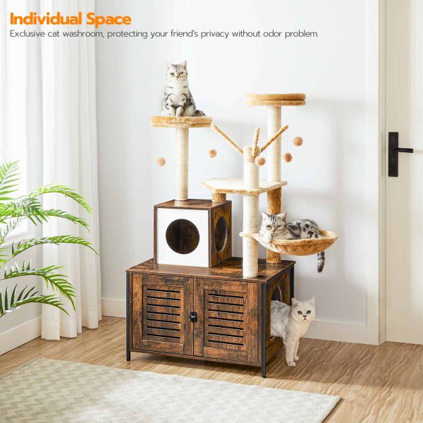 All-in-One Wooden Cat Tree with Litter Box Enclosure, Rustic Brown Multi-Functional Cat Tower Condo with Scratching Posts, Hammock and Observation Decks, Suitable for Indoor Cats
