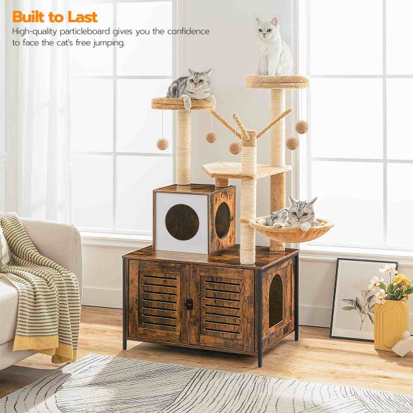 All-in-One Wooden Cat Tree with Litter Box Enclosure, Rustic Brown Multi-Functional Cat Tower Condo with Scratching Posts, Hammock and Observation Decks, Suitable for Indoor Cats