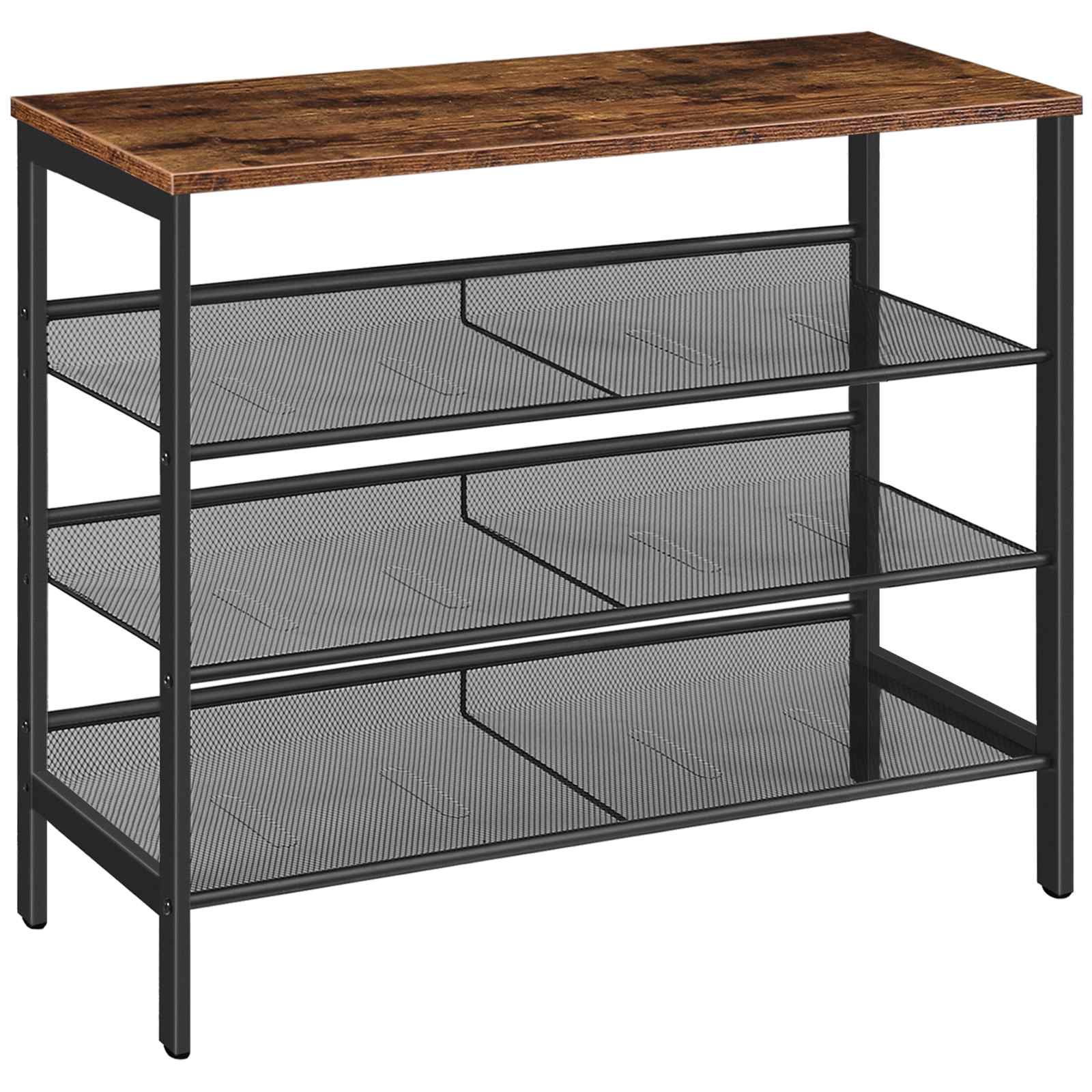 shoe rack for closet floor, industrial 4-tier shoe shelf, storage organizer unit with 3 mesh shelves, wood look accent furniture with metal frame, for entryway, living room, hallway