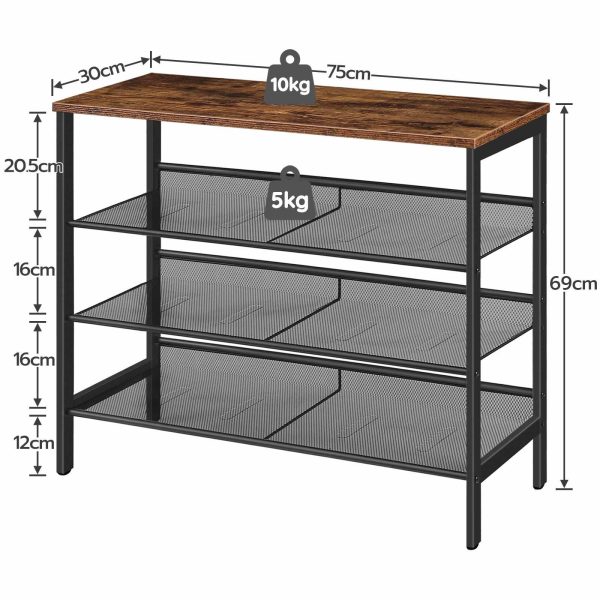 4-Tier Industrial Shoe Shelf for Closet Floor, Storage Organizer with 3 Mesh Shelves, Wood-Accent Furniture with Metal Frame, Suitable for Entryway, Living Room, Hallway