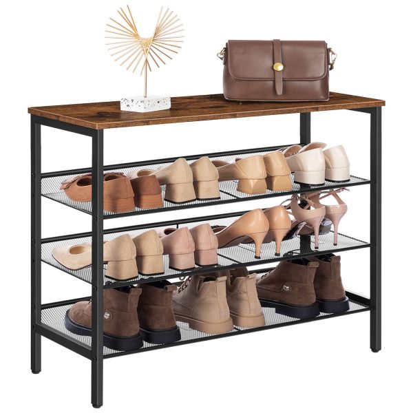4-Tier Industrial Shoe Shelf for Closet Floor, Storage Organizer with 3 Mesh Shelves, Wood-Accent Furniture with Metal Frame, Suitable for Entryway, Living Room, Hallway