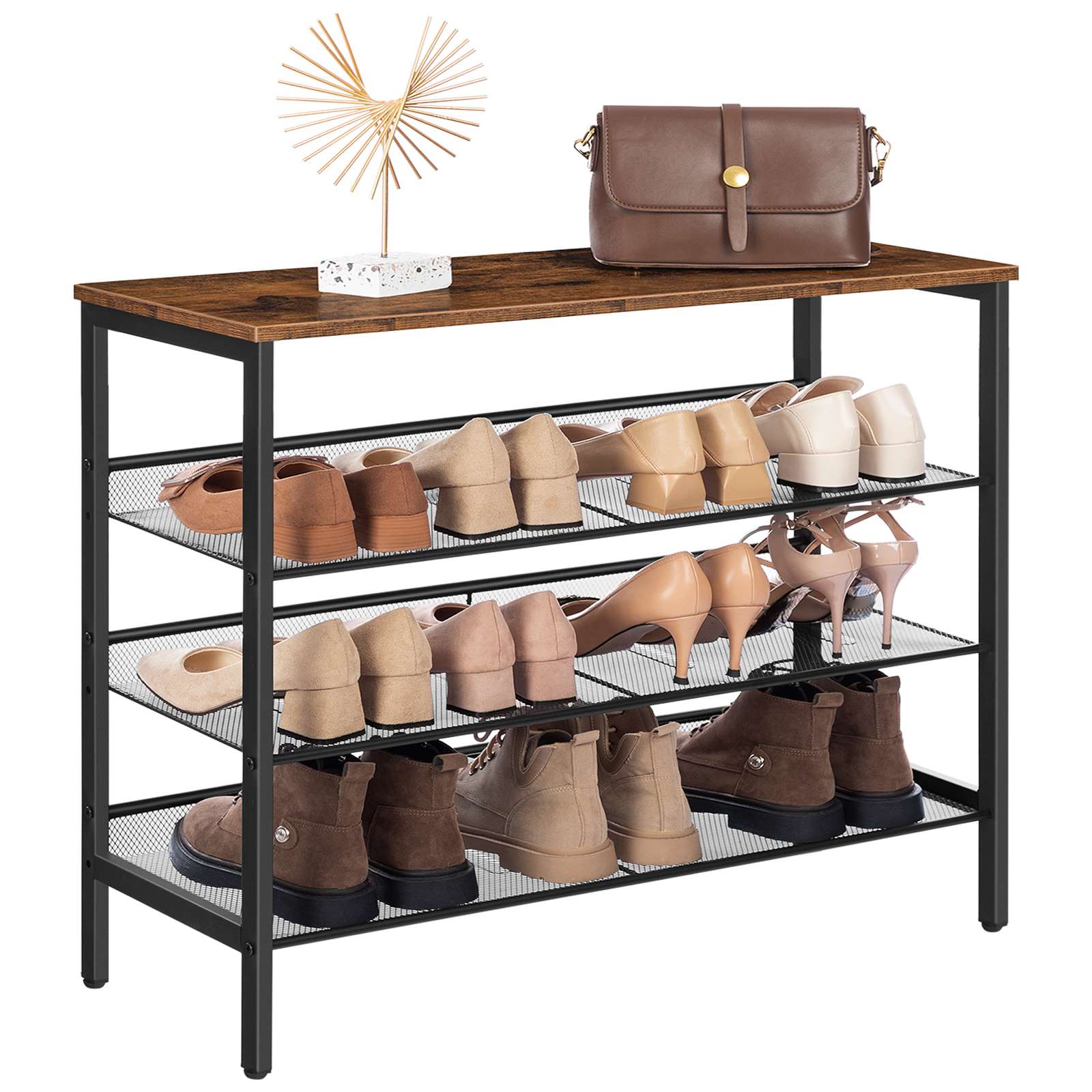 4-Tier Industrial Shoe Shelf for Closet Floor, Storage Organizer with 3 Mesh Shelves, Wood-Accent Furniture with Metal Frame, Suitable for Entryway, Living Room, Hallway