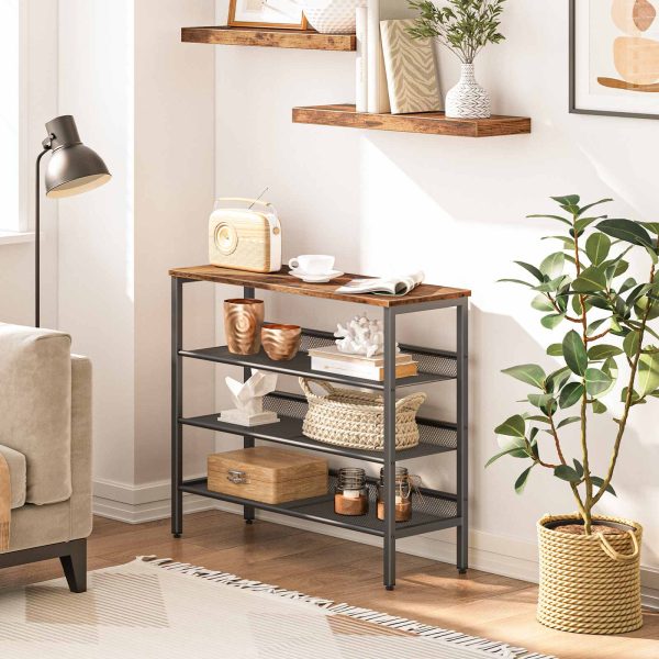 4-Tier Industrial Shoe Shelf for Closet Floor, Storage Organizer with 3 Mesh Shelves, Wood-Accent Furniture with Metal Frame, Suitable for Entryway, Living Room, Hallway