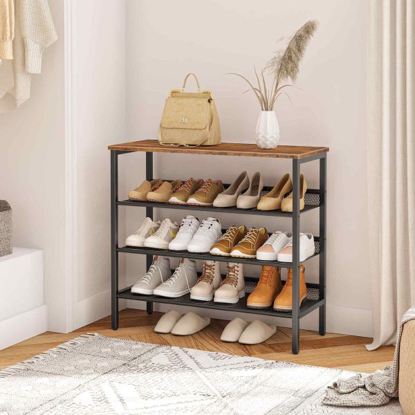 4-Tier Industrial Shoe Shelf for Closet Floor, Storage Organizer with 3 Mesh Shelves, Wood-Accent Furniture with Metal Frame, Suitable for Entryway, Living Room, Hallway