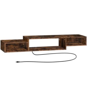 floating tv stand, 59" floating tv shelf with power outlet, wall mounted media console with storage for living room bedroom entertainment center, rustic brown