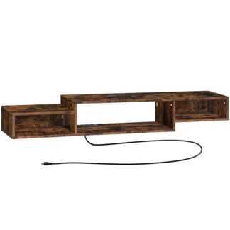 úszó tv állvány, 59" Úszó TV -polc teljesítményű aljzattal, Falra szerelt médiakonzol tárolóval a nappali hálószoba szórakoztató központ számára, rusztikus barna