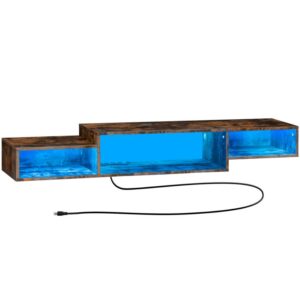 floating tv stand wall mounted tv stand with power outlet, 59" floating tv shelf with led, media console stand entertainment shelf with storage for living room bedroom, rustic brown