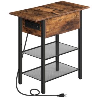 Bijzettafel met laadstation, Smalle bijzettafel met USB-poorten en stopcontacten, Opklapbaar nachtkastje voor kleine ruimtes, Slaapbank Tafel Nachtkastje, Woonkamer slaapkamer, Rustiek bruin