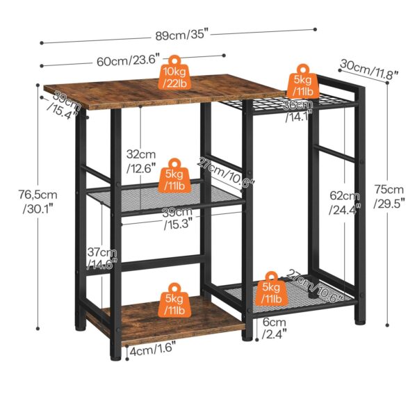 HOOBRO Baker's Rack, Kitchen Storage Rack, Microwave Stand Kitchen Island with 6 Hooks, 5 Shelves Industrial Standing Coffee Bar Station, Rustic Brown and Black