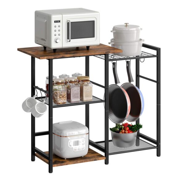 HOOBRO Baker's Rack, Kitchen Storage Rack, Microwave Stand Kitchen Island with 6 Hooks, 5 Shelves Industrial Standing Coffee Bar Station, Rustic Brown and Black
