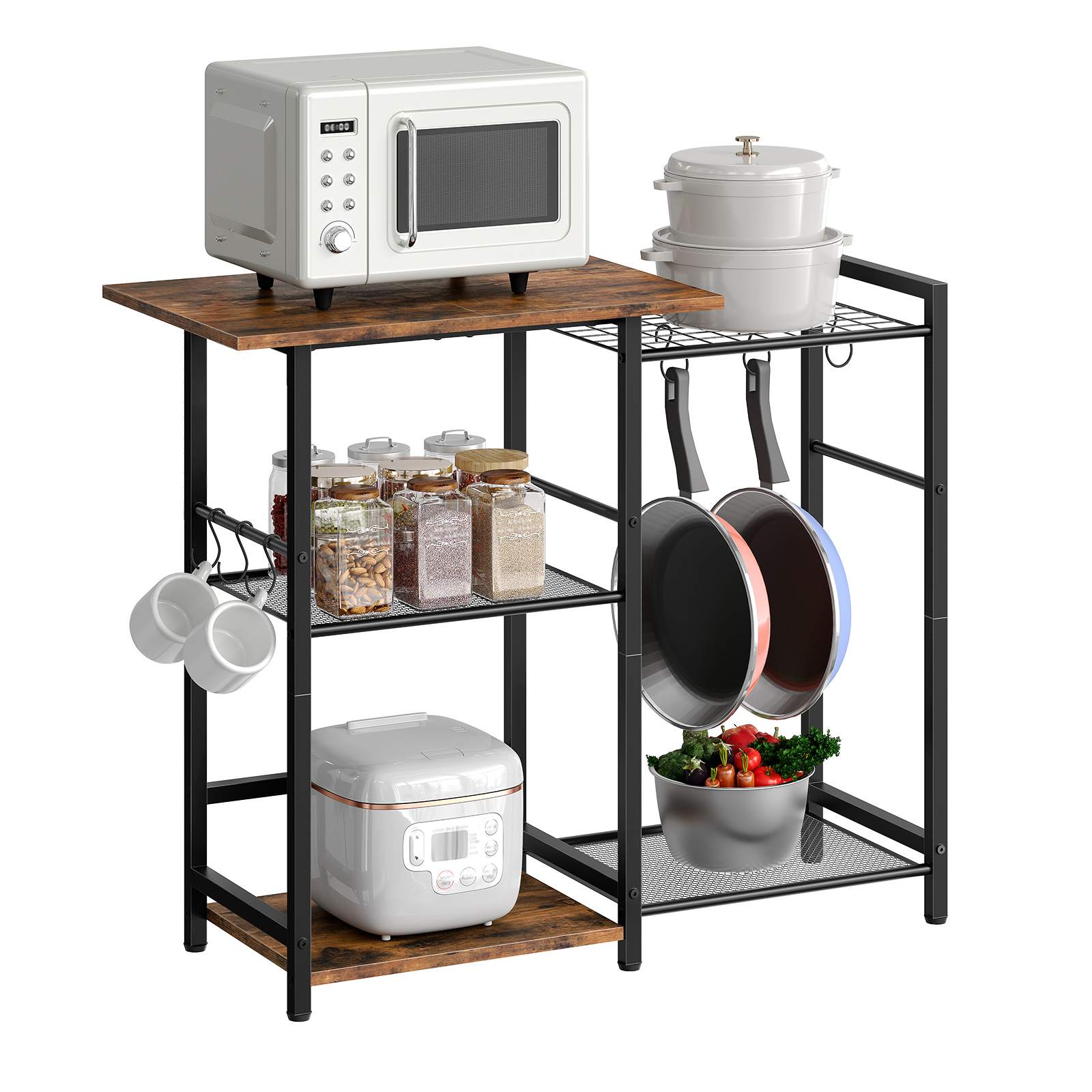 HOOBRO Baker's Rack, Kitchen Storage Rack, Microwave Stand Kitchen Island with 6 Hooks, 5 Shelves Industrial Standing Coffee Bar Station, Rustic Brown and Black