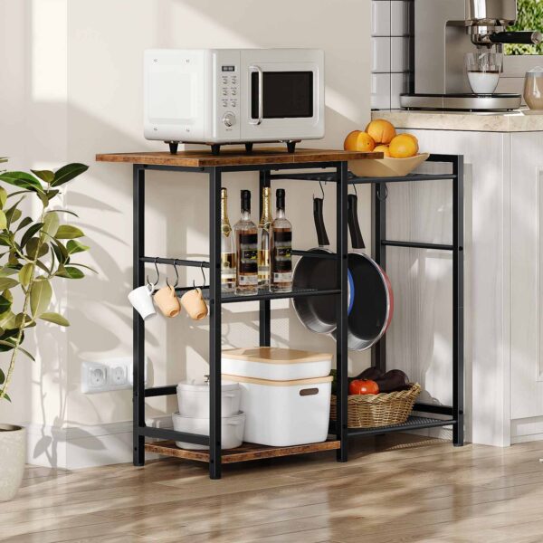 HOOBRO Baker's Rack, Kitchen Storage Rack, Microwave Stand Kitchen Island with 6 Hooks, 5 Shelves Industrial Standing Coffee Bar Station, Rustic Brown and Black
