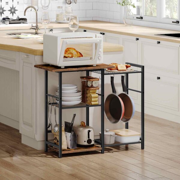 HOOBRO Baker's Rack, Kitchen Storage Rack, Microwave Stand Kitchen Island with 6 Hooks, 5 Shelves Industrial Standing Coffee Bar Station, Rustic Brown and Black