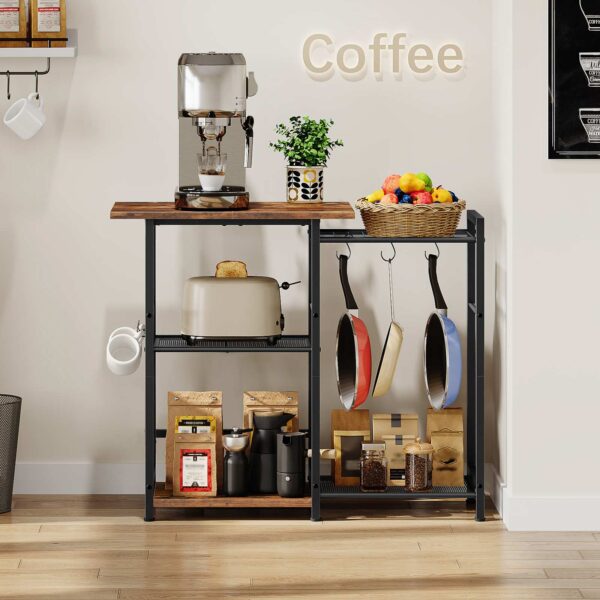 HOOBRO Baker's Rack, Kitchen Storage Rack, Microwave Stand Kitchen Island with 6 Hooks, 5 Shelves Industrial Standing Coffee Bar Station, Rustic Brown and Black