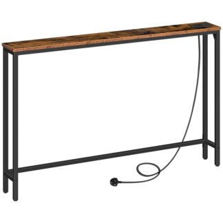 Console Table with Charging Station, 120 cm Slim Console Table for Hallway, Behind Sofa Table, for Entryway, Living Room, Small Spaces, Metal Frame, Rustic Brown and Black