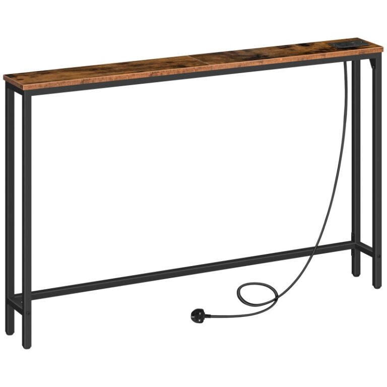 Mesa de console com estação de carregamento, 120 Tabela de console slim cm para corredor, Atrás da mesa do sofá, para entrada, Sala de estar, Pequenos Espaços, Estrutura metálica, Rústico Marrom e Preto