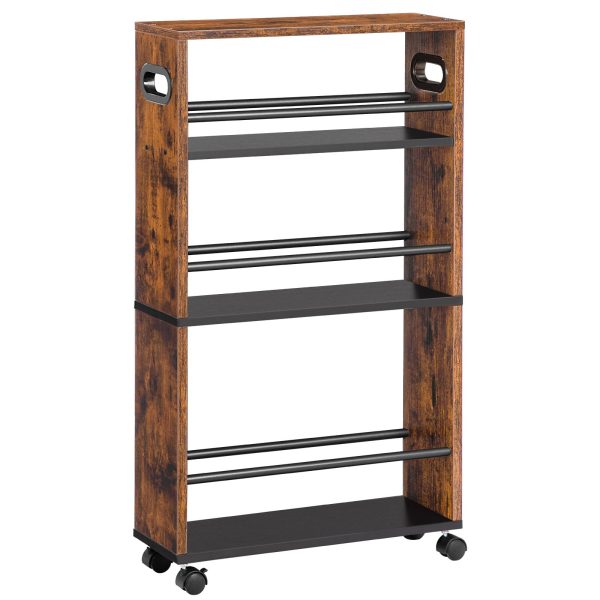 4-Tier Slim Rolling Storage Cart, Ρουστίκ καφέ στενό βοηθητικό καρότσι με λαβή και ροδάκια που κλειδώνουν, Σχεδιασμός εξοικονόμησης χώρου, Εύκολη συναρμολόγηση, Κατάλληλο για κουζίνα, Τουαλέτα, Πλυντήριο