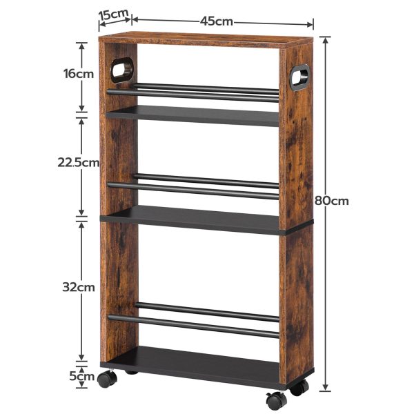4-Tier Slim Rolling Storage Cart, Ρουστίκ καφέ στενό βοηθητικό καρότσι με λαβή και ροδάκια που κλειδώνουν, Σχεδιασμός εξοικονόμησης χώρου, Εύκολη συναρμολόγηση, Κατάλληλο για κουζίνα, Τουαλέτα, Πλυντήριο
