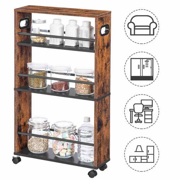 4-Tier Slim Rolling Storage Cart, Ρουστίκ καφέ στενό βοηθητικό καρότσι με λαβή και ροδάκια που κλειδώνουν, Σχεδιασμός εξοικονόμησης χώρου, Εύκολη συναρμολόγηση, Κατάλληλο για κουζίνα, Τουαλέτα, Πλυντήριο