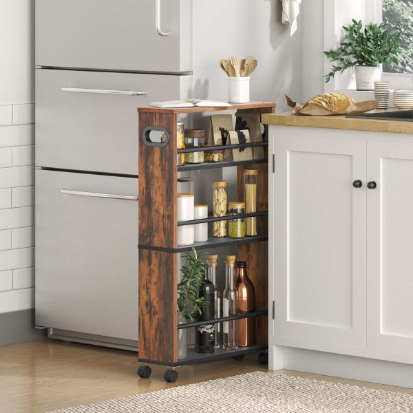 4-Tier Slim Rolling Storage Cart, Ρουστίκ καφέ στενό βοηθητικό καρότσι με λαβή και ροδάκια που κλειδώνουν, Σχεδιασμός εξοικονόμησης χώρου, Εύκολη συναρμολόγηση, Κατάλληλο για κουζίνα, Τουαλέτα, Πλυντήριο
