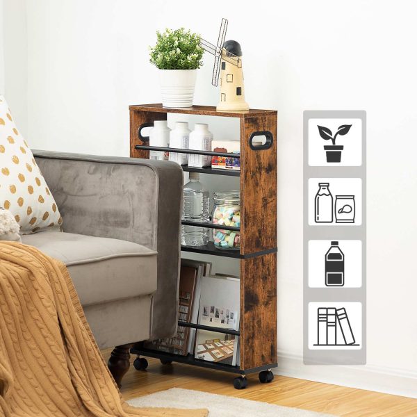 4-Tier Slim Rolling Storage Cart, Ρουστίκ καφέ στενό βοηθητικό καρότσι με λαβή και ροδάκια που κλειδώνουν, Σχεδιασμός εξοικονόμησης χώρου, Εύκολη συναρμολόγηση, Κατάλληλο για κουζίνα, Τουαλέτα, Πλυντήριο