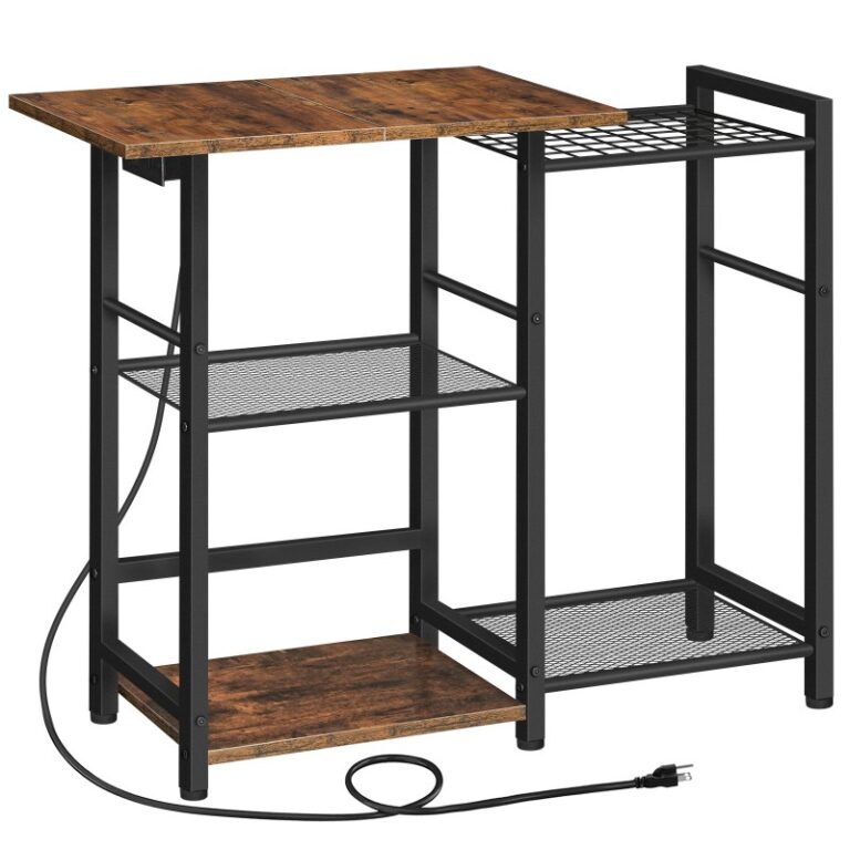 Forme di fornaio con pentole rack, Stand a microonde con stazione di ricarica, Organizzatore del pane industriale di barra di caffè con risparmio spaziale, per sala da pranzo, Cucina, Marrone nero e rustico