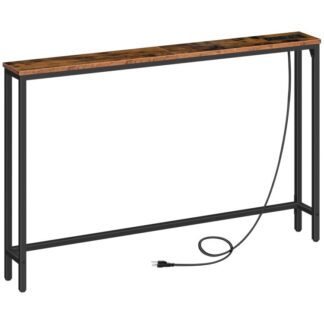 narrow console table with power outlets and usb ports, entryway table with charging station, skinny sofa table, behind couch table, for entryway, hallway, foyer, rustic brown
