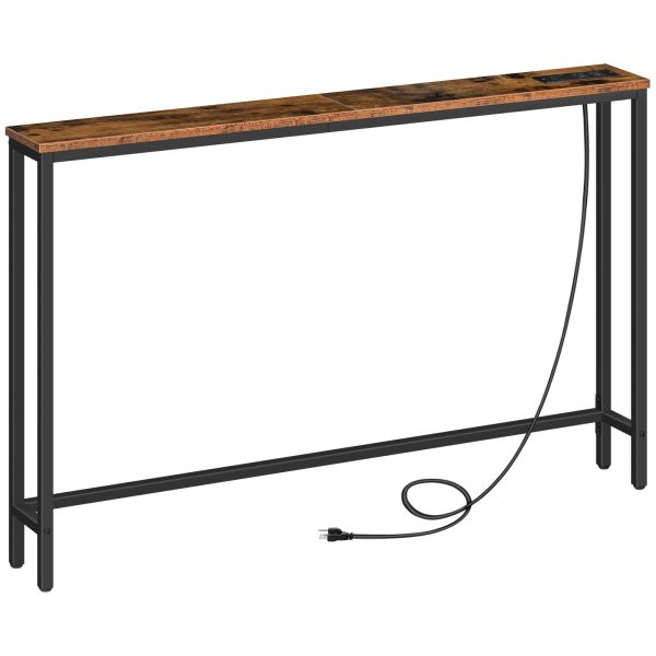 Narrow Console Table with Integrated Charging Station, 2 Розетки переменного тока & 2 USB-порты, Space-Saving Sofa Back Table for Entryway, Коридор & Фойе, Рустикальная коричневая отделка