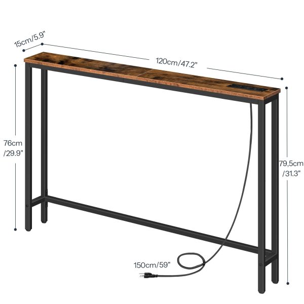 Narrow Console Table with Integrated Charging Station, 2 Розетки переменного тока & 2 USB-порты, Space-Saving Sofa Back Table for Entryway, Коридор & Фойе, Рустикальная коричневая отделка
