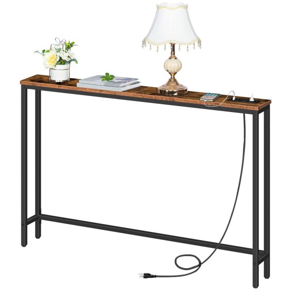 Narrow Console Table with Integrated Charging Station, 2 Розетки переменного тока & 2 USB-порты, Space-Saving Sofa Back Table for Entryway, Коридор & Фойе, Рустикальная коричневая отделка