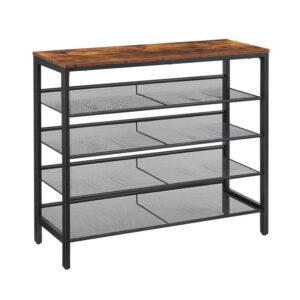 industrial shoe rack, 5-tier shoe storage organizer with 4 mesh shelves, 16-20 pairs of shoes, wood look accent furniture with metal frame, for entryway, living room, hallway