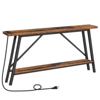 skinny sofa table with outlet, console table with charging station, entryway table with outlets and usb ports, narrow sofa side table, display table, for entrance, corridor, hallway, rustic brown and black