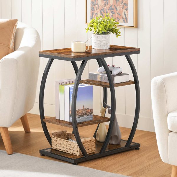 Industrial End Table, 4-Tier Storage Shelf Side Table, Small Accent Table with Geometric Metal Frame, Multi-Functional Night Stand for Living Room, Bedroom, Office, Rustic Brown & Black