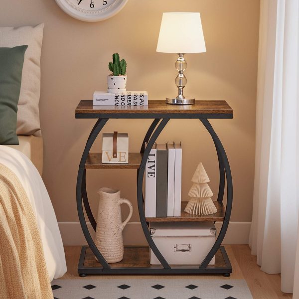 Industrial End Table, 4-Tier Storage Shelf Side Table, Small Accent Table with Geometric Metal Frame, Multi-Functional Night Stand for Living Room, Bedroom, Office, Rustic Brown & Black