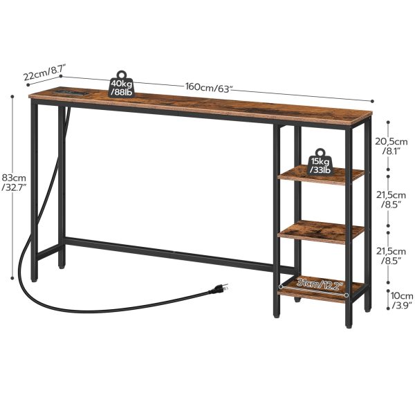 63-Inch Console Table with Integrated Power Module, Multi-Functional Behind-Sofa Table with Adjustable Side Shelves, Storage Desk for Home Office & Flur, Rustikales Braun & Schwarzes Finish
