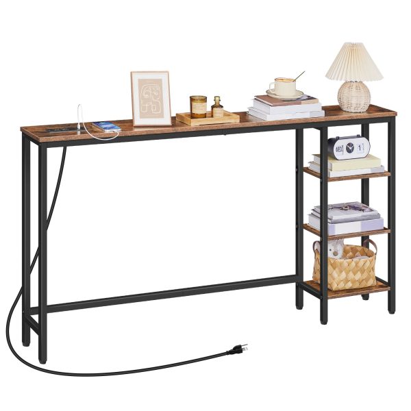 63-Inch Console Table with Integrated Power Module, Multi-Functional Behind-Sofa Table with Adjustable Side Shelves, Storage Desk for Home Office & Flur, Rustikales Braun & Schwarzes Finish