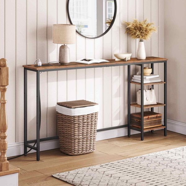 63-Inch Console Table with Integrated Power Module, Multi-Functional Behind-Sofa Table with Adjustable Side Shelves, Storage Desk for Home Office & Flur, Rustikales Braun & Schwarzes Finish