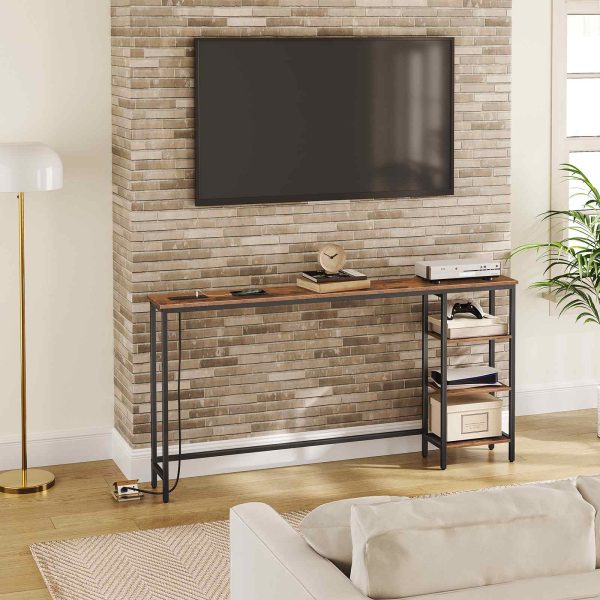 63-Inch Console Table with Integrated Power Module, Multi-Functional Behind-Sofa Table with Adjustable Side Shelves, Storage Desk for Home Office & Flur, Rustikales Braun & Schwarzes Finish