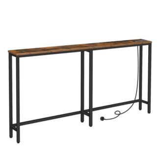 Slim Console Table with Charging Station, 160 cm Behind Sofa Couch Table, Long Narrow Console Table, Slim Sofa Table for Hallway, Entryway, Living Room, Rustic Brown and Black
