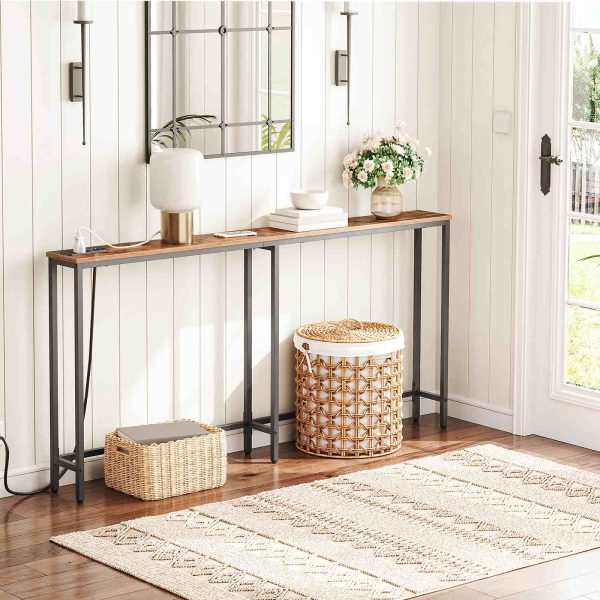 Slanke consoletafel met laadstation, 160cm Tafel achter de bank, Lange smalle consoletafel voor gang, Ingang en woonkamer, Rustiek bruin & Zwart