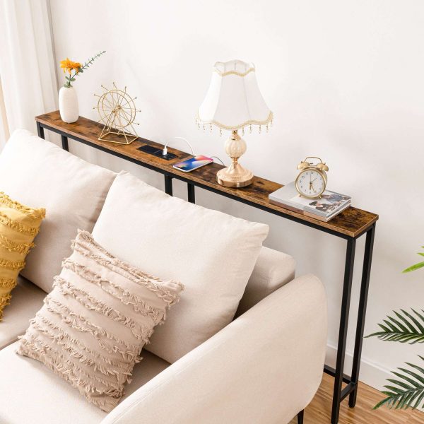 Slanke consoletafel met laadstation, 160cm Tafel achter de bank, Lange smalle consoletafel voor gang, Ingang en woonkamer, Rustiek bruin & Zwart