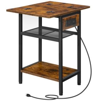 End Table with Charging Station, Foldable Side Table with Storage Shelves, 3-Tier Sofa Couch Table with Folding Top, for Living Room, Bedroom, Office, Rustic Brown and Black