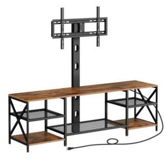160CM TV Stand με βουνό και έξοδο τροφοδοσίας, 63 inch entertainment unit with swivel tv mount for tvs up to 65", Τηλεοπτική βάση με ράφια αποθήκευσης για σαλόνι, υπνοδωμάτιο, ρουστίκ