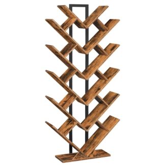 Puun kirjahylly korkea, Varata hylly, Puun kirjahylly, Lattiapuun hylly seisova kirjahylly, Näytä olohuoneen säilytyshylly, Kotitoimisto, Teollisuuskirjahylly, Maalaismainen ruskea ja musta