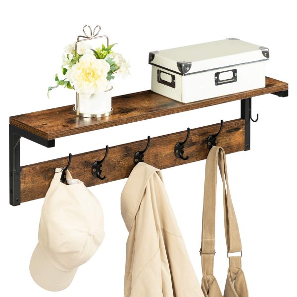 Appendiabiti da parete con 7 Ganci e mensola galleggiante, Scaffale portaoggetti multifunzionale da corridoio marrone rustico da 70 cm, Adatto per il bagno, Cucina e lavanderia